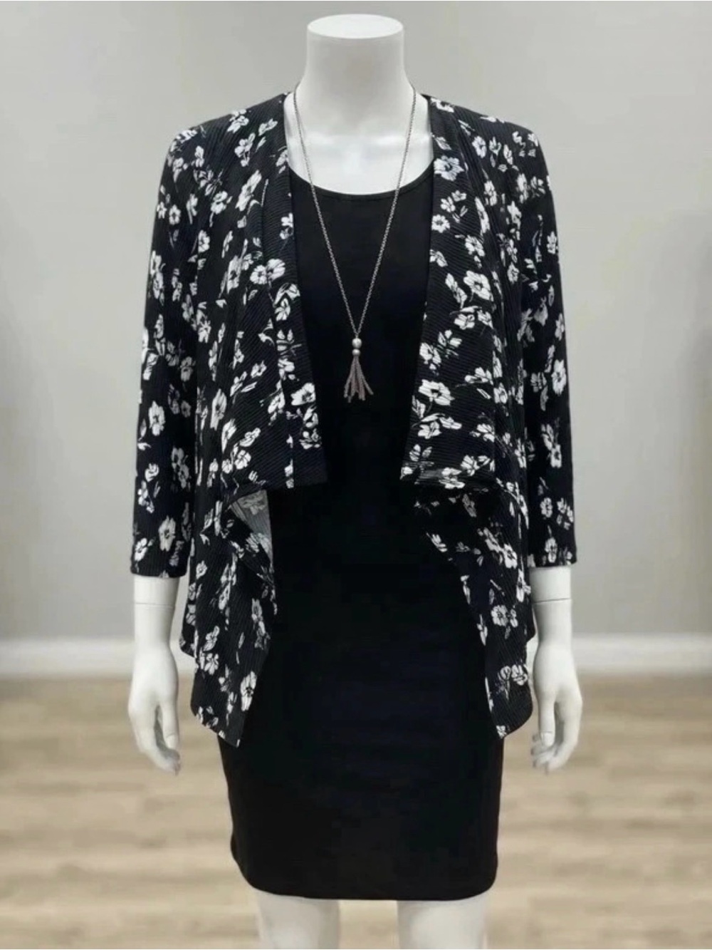 R&K Black Floral Draped Open-Front Jacket